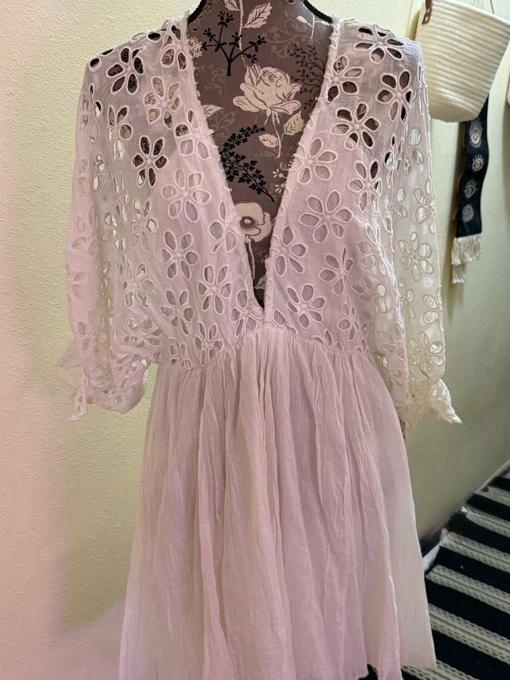 Free People White Eyelet Lace V-Neck Women's Dress